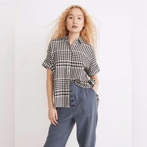 Madewell Courier Pintuck-Back Shirt in Double-Faced Plaid Black and White Sz S